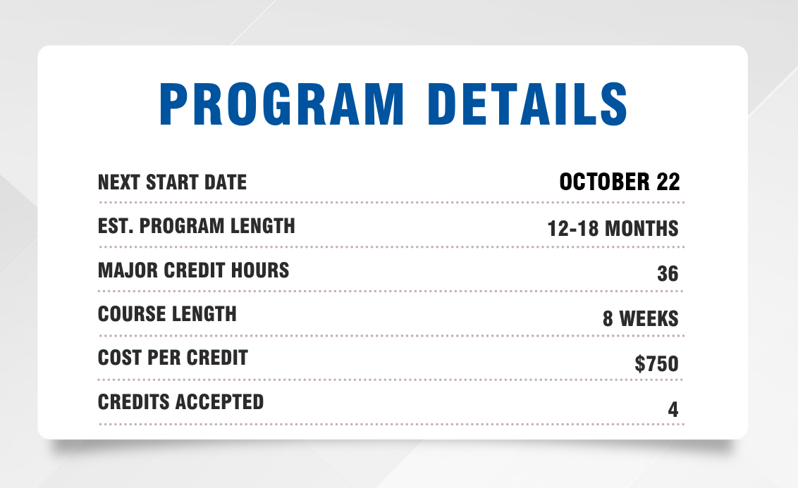 Program Details. Next start date is October 22. 