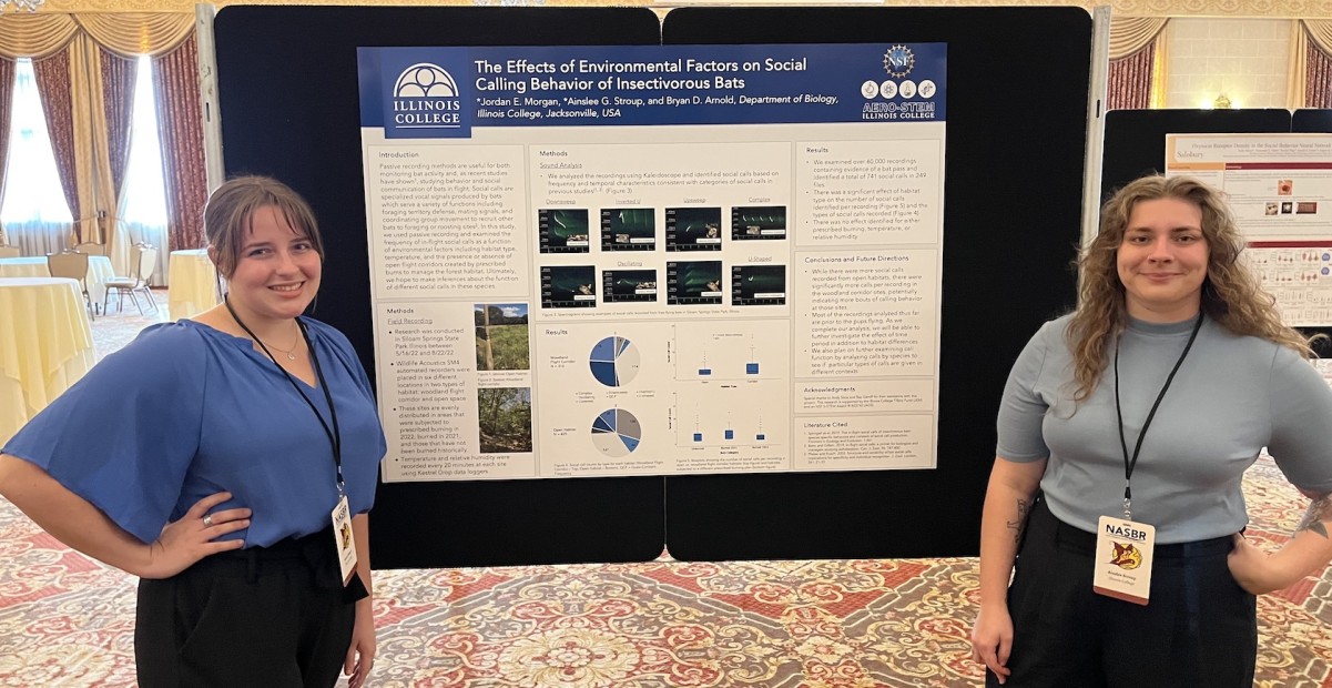 Students Jordan Morgan and Ainslee Stroup standing in front of their poster at the North American Symposium for Bat Research