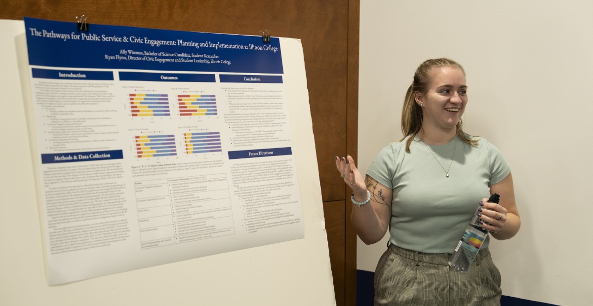 Ally Wiseman '24 presenting research at a student-faculty research showcase on campus