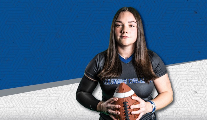 Woman holding football graphic promoting women's flag football